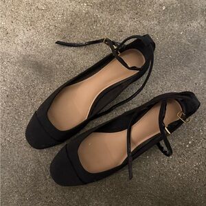 Zara Black Ankle-Strap Square-Toe Ballet Flats